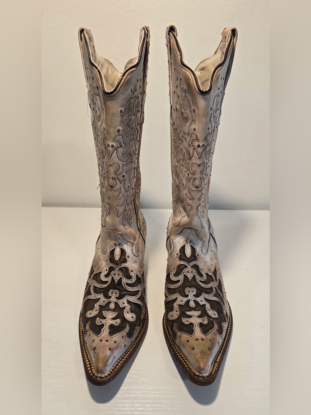 J.B. Dillon Two-Tone Leather Cowboy Boots - Cream and Dark Brown